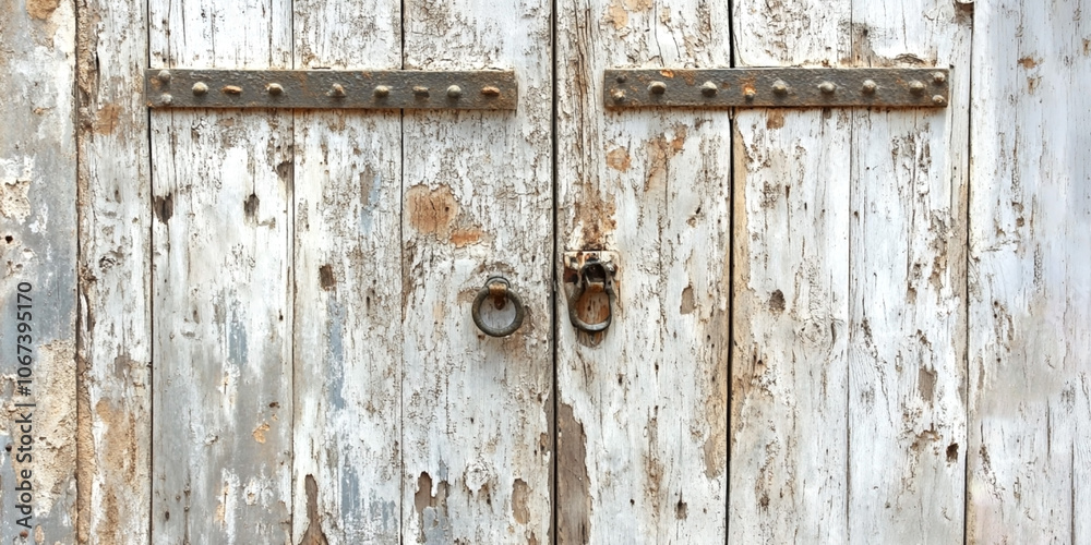Aged wooden door with peeling white paint, rusted metal hinges, and vintage ring handles, showcasing rustic and weathered charm Aged wooden door with peeling white paint, rusted metal hinges, and vintage ring handles, showcasing rustic and weathered charm