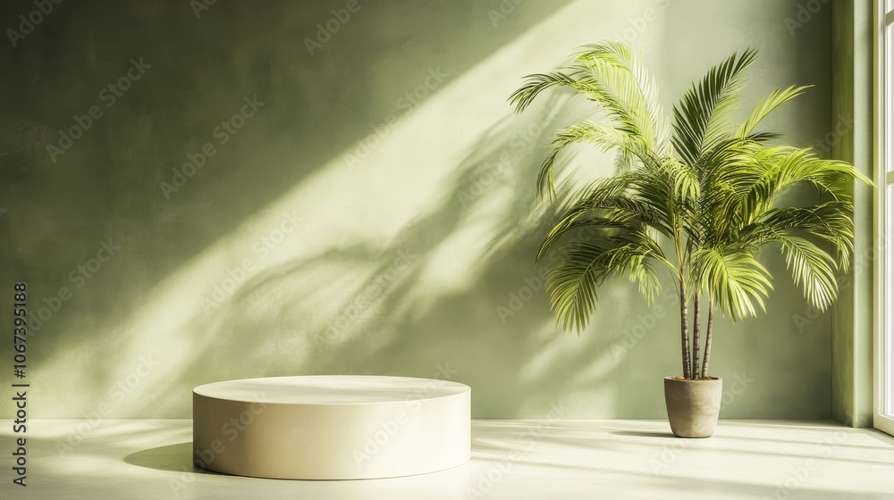 A modern minimalist room with a green wall, a palm tree in a pot, and a white circular platform for displaying products. The room has a natural and serene atmosphere, perfect for showcasing your produ A modern minimalist room with a green wall, a palm tree in a pot, and a white circular platform for displaying products. The room has a natural and serene atmosphere, perfect for showcasing your produ