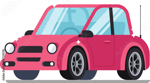 Illustrating a car crash aftermath, a pink car with broken windows and dented bodywork emphasizes road safety and risks of transportation