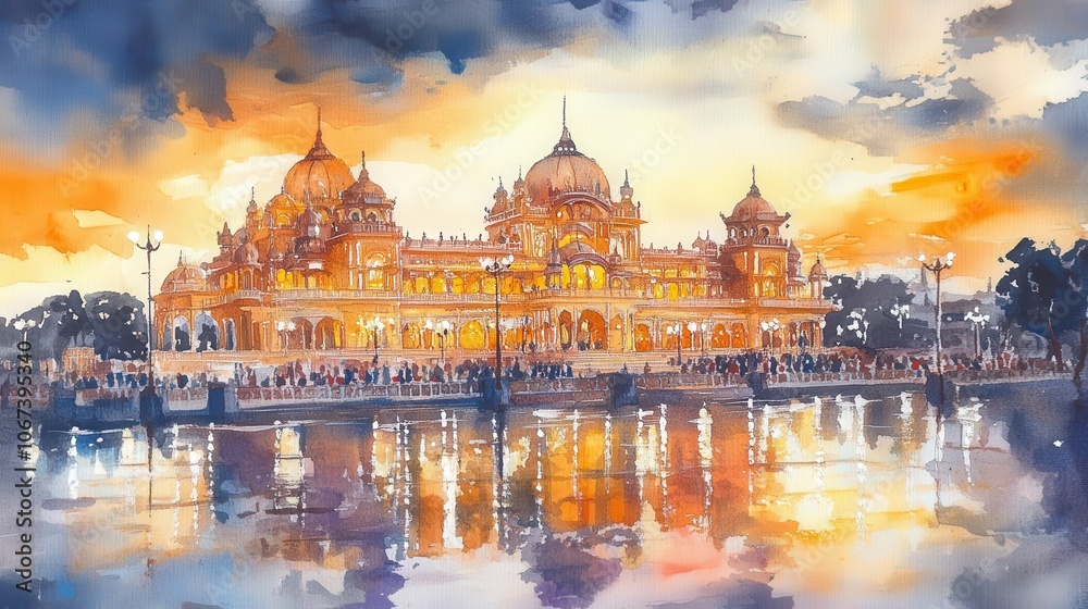 Obraz premium watercolor illustration of mysore palace at sunset during the mysore dasara festival, rich colors depicting the grandeur and cultural significance of the event