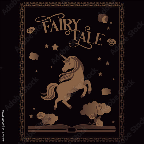 Flat style unicorn among clouds, star and rose. A lively fairy tale in warm colors with a vintage frame. Children's fantasy book cover. A fairy tale creature. Magic and enchantment. Children's dream.