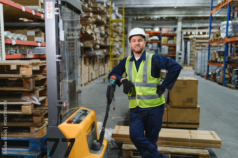 Portrait of a handsome warehouse worker in overalls and a helmet Portrait of a handsome warehouse worker in overalls and a helmet
