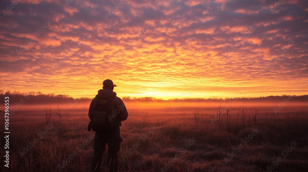 A lone figure gazes at a stunning sunrise over misty fields, capturing the serene beauty of an early morning in nature A lone figure gazes at a stunning sunrise over misty fields, capturing the serene beauty of an early morning in nature