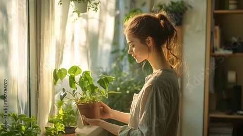 Young Caucasian woman nurturing a potted plant by the sunlit window.