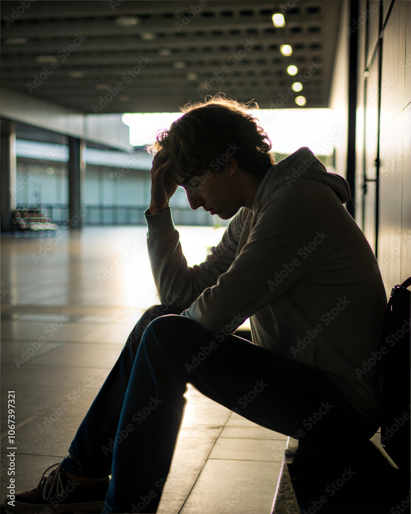 Deep in thought, a person reflects quietly in a modern indoor space during the golden hour glow Deep in thought, a person reflects quietly in a modern indoor space during the golden hour glow