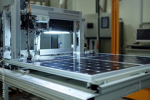 Robotic arm assembling solar panel in factory