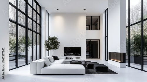 Modern living room with white sectional sofa, black fireplace, and large windows