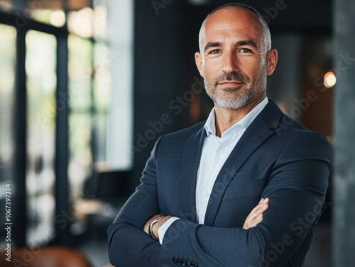 Professional man in a suit poses confidently in a modern office setting.