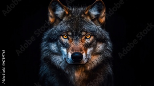 wolf with piercing yellow eyes and an imposing presence, set against a dramatic black background, red glow enhancing the intensity of its expression, evoking a sense of mystery and power