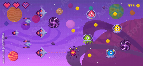 Bright, retro-styled outer space scene with spaceships firing at aliens among planets and stars. Shows score and lives. Ideal for video games, sci-fi themes, retro art, space adventures, and pixel