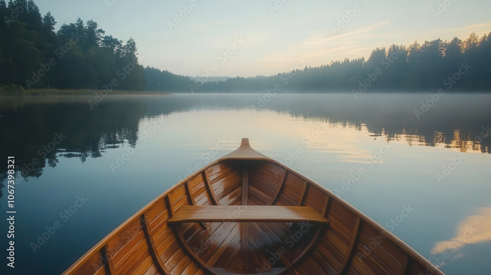 wooden rowing boat gently gliding across a tranquil, glassy lake at sunrise, reflecting the soft hues of the early morning sky, invoking peace and serenity in nature wooden rowing boat gently gliding across a tranquil, glassy lake at sunrise, reflecting the soft hues of the early morning sky, invoking peace and serenity in nature