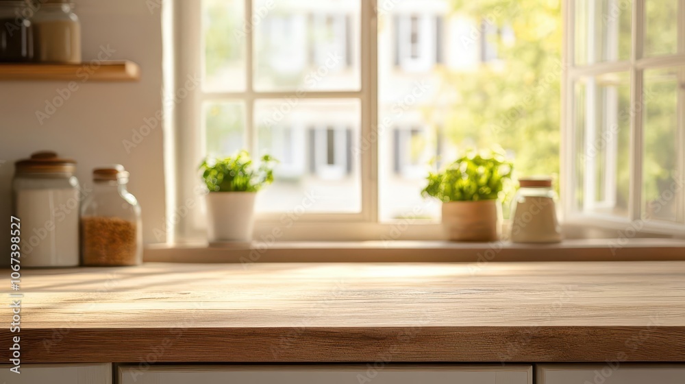 Fototapeta premium wooden table top elegantly displayed against a blurred kitchen window, creating a warm ambiance, perfect for showcasing culinary delights or products