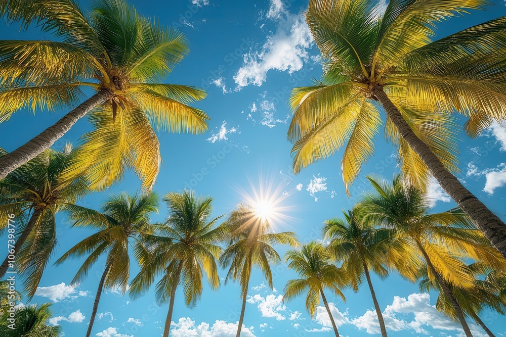 Obraz premium sun rays filtering through lush green palm leaves create a warm beach atmosphere emphasizing the tropical vibe and inviting relaxation under the shade
