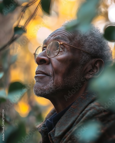 A Black Senior Citizen Enjoying Birdwatching in a Beautiful Garden Setting with Lush Vegetation and Vibrant Birdlife photo