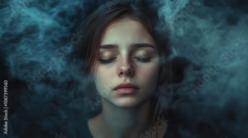 young woman surrounded by swirling mist, representing feelings of depression and loneliness, with a focus on mental health and emotional struggles