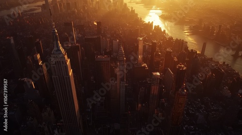 An aerial view of the New York City skyline at sunset with the sun casting a warm glow over the towering skyscrapers and the East River. The scene captures the city's energy, diversity, and architectu photo