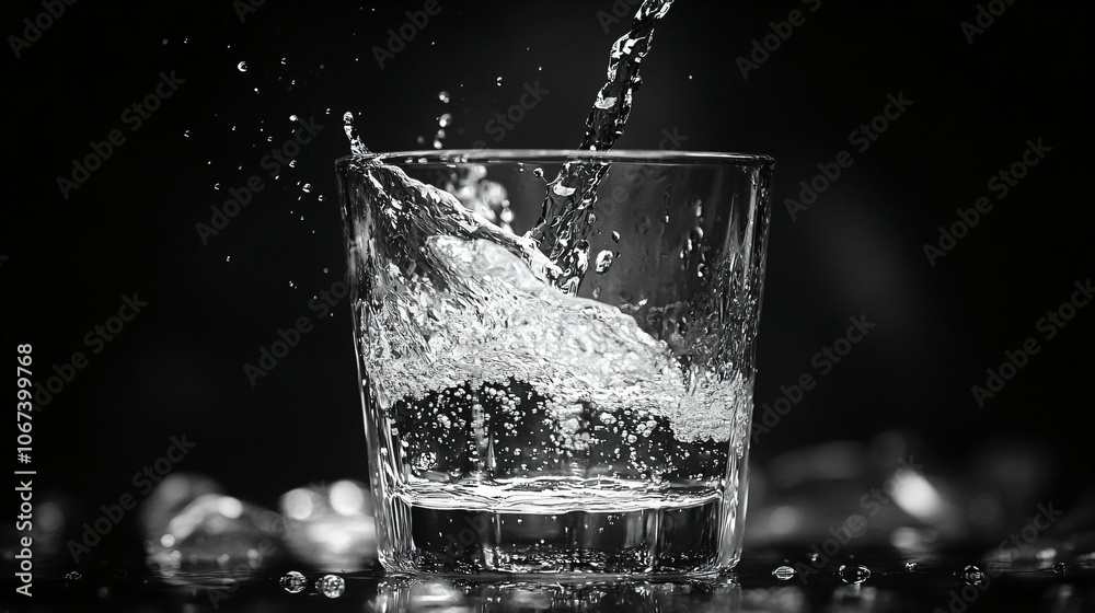 a close-up of water being poured into a glass with water splashes on a reflective surface, creating a refreshing and clean look a close-up of water being poured into a glass with water splashes on a reflective surface, creating a refreshing and clean look