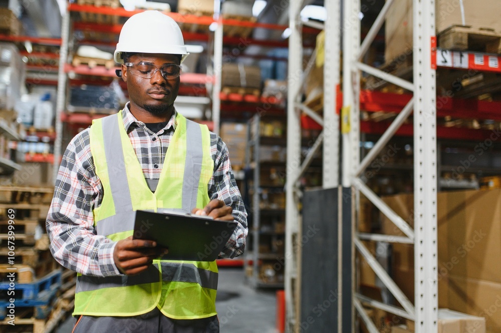 Portrait of african american warehouseman with clipboard checking delivery, stock in warehouse. Warehouse worker preparing products for shipment Portrait of african american warehouseman with clipboard checking delivery, stock in warehouse. Warehouse worker preparing products for shipment