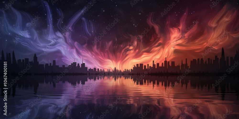 Obraz premium Silhouette of a city skyline with colorful aurora borealis in the sky.