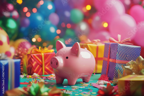 A pink piggy bank sits amidst a colorful array of wrapped gifts, symbolizing savings, celebration, and the joy of giving. Balloons and confetti add to the festive atmosphere, representing a joyous occ photo