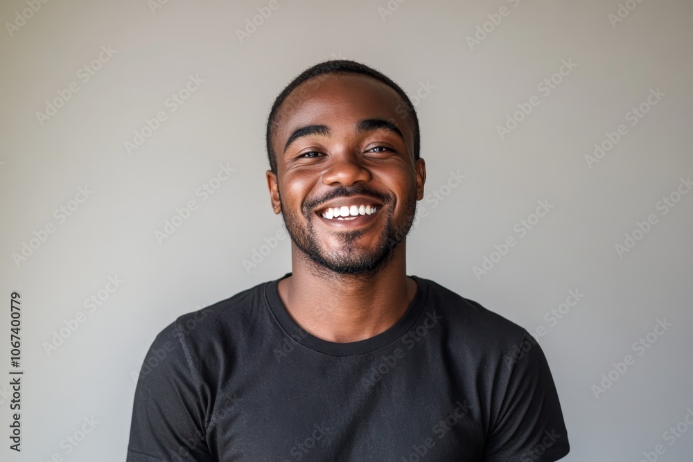 A portrait of a smiling man wearing a black t-shirt, exuding confidence, joy, and positivity. He is looking directly at the camera with a genuine smile, suggesting happiness and approachability. A portrait of a smiling man wearing a black t-shirt, exuding confidence, joy, and positivity. He is looking directly at the camera with a genuine smile, suggesting happiness and approachability.