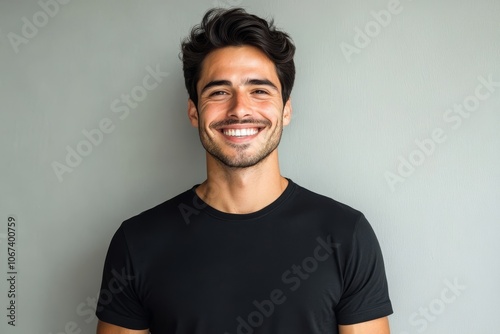 A handsome young man with a warm smile, wearing a black t-shirt against a neutral background. He exudes confidence, positivity, and approachability. This image is perfect for showcasing casual fashion