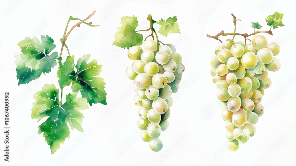 set of green grapes with watercolor illustration on white background set of green grapes with watercolor illustration on white background