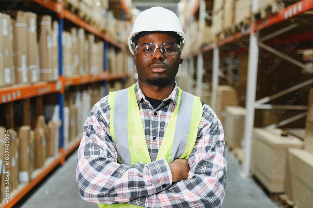 Portrait of a handsome african american warehouse worker in overalls and a helmet Portrait of a handsome african american warehouse worker in overalls and a helmet