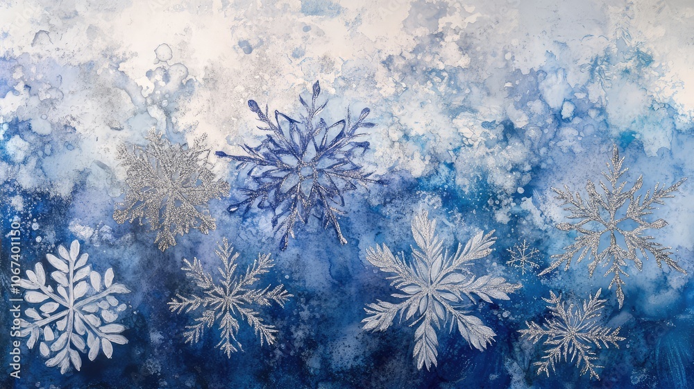 Abstract watercolor snowflakes in cool blues and silver accents, with a soft, wintry gradient blending into the background. Abstract watercolor snowflakes in cool blues and silver accents, with a soft, wintry gradient blending into the background.