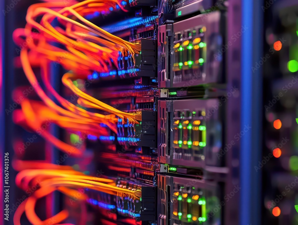 a detailed view of a server rack filled with vibrant fiber optic cables connecting to panel switch ports, showcasing the intricate web of technology in a modern data center environment a detailed view of a server rack filled with vibrant fiber optic cables connecting to panel switch ports, showcasing the intricate web of technology in a modern data center environment