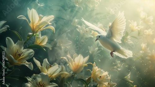 A serene white dove glides gracefully through a vibrant scene of blooming lilies, bathed in soft sunlight, evoking themes of peace and tranquility in a lush garden setting.