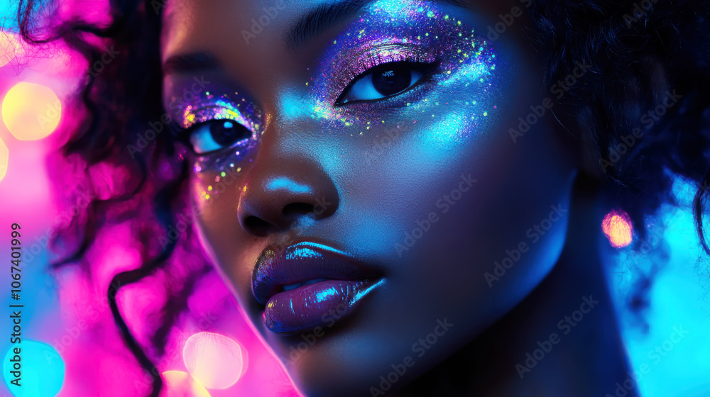 Jellyfish-inspired makeup with iridescent glitter on model for creative fashion portrait Jellyfish-inspired makeup with iridescent glitter on model for creative fashion portrait