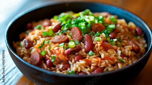 delicious rice with vegetables and sausages in a frying pan on a wooden background.