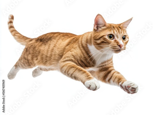 a lively shorthair cat leaps energetically against a clean white background, capturing its playful spirit and dynamic movement in a striking cutout style