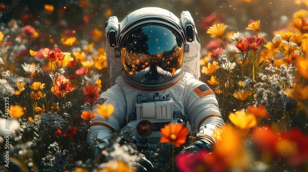 surreal illustration of an astronaut surrounded by vibrant flowers floating in space merging elements of nature and cosmos in a dreamlike whimsical scene surreal illustration of an astronaut surrounded by vibrant flowers floating in space merging elements of nature and cosmos in a dreamlike whimsical scene