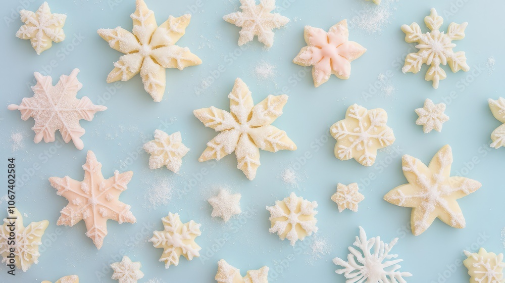 Flat lay of pastel holiday cookies shaped like stars and snowflakes, dusted with light sugar against a pale blue background. Flat lay of pastel holiday cookies shaped like stars and snowflakes, dusted with light sugar against a pale blue background.