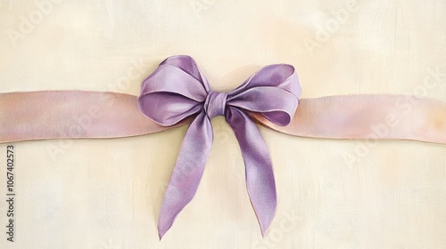 Elegant holiday bow in soft pastel shades of lavender and peach, tied neatly against a textured cream background.