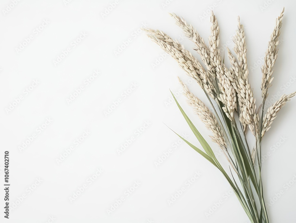 Fototapeta premium a minimalist scene featuring isolated, ripe ears of rice on a pure white background, highlighting the elegance of agricultural produce in modern design aesthetics