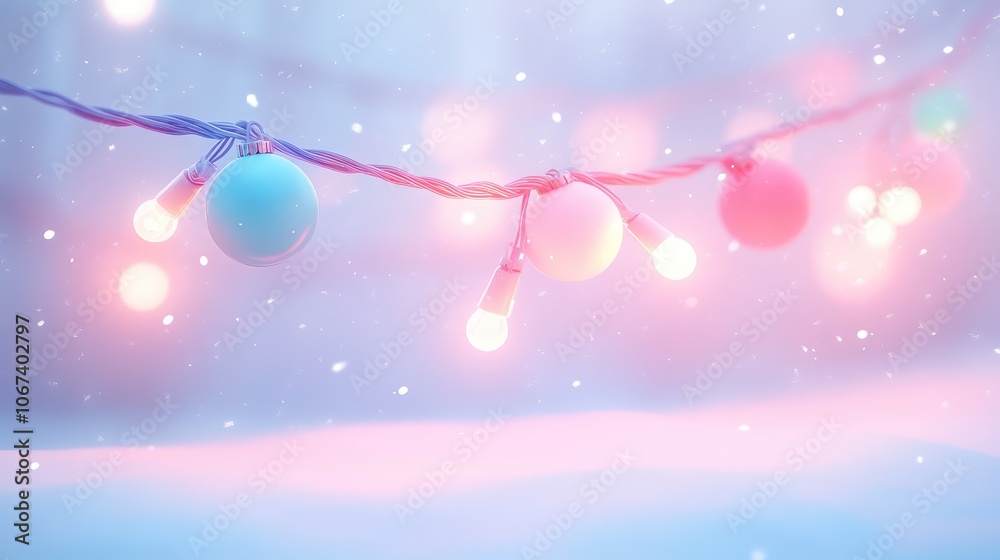 Minimalist pastel holiday lights strung in soft pink and blue bulbs, softly glowing against a snowy backdrop. Minimalist pastel holiday lights strung in soft pink and blue bulbs, softly glowing against a snowy backdrop.