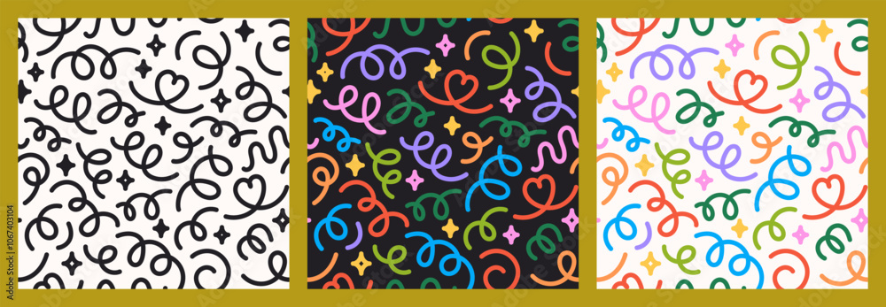 Seamless pattern of playful, abstract doodles, colorful linear shapes, modern doodle style. Vector cartoon illustration