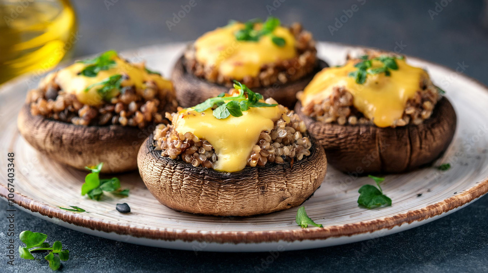Quinoa and black bean stuffed portobello mushrooms topped with melted cheese are a savory, protein-rich, vegetarian delight. Perfectly seasoned, these stuffed mushrooms make a hearty, gluten-free meal Quinoa and black bean stuffed portobello mushrooms topped with melted cheese are a savory, protein-rich, vegetarian delight. Perfectly seasoned, these stuffed mushrooms make a hearty, gluten-free meal