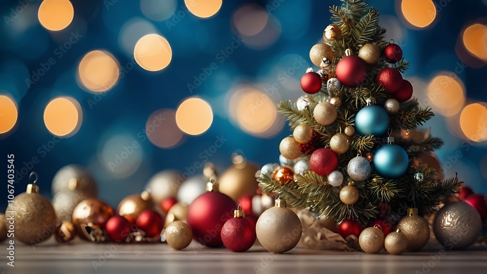 Christmas tree decorated with ornaments standing on a blue bokeh background Christmas tree decorated with ornaments standing on a blue bokeh background