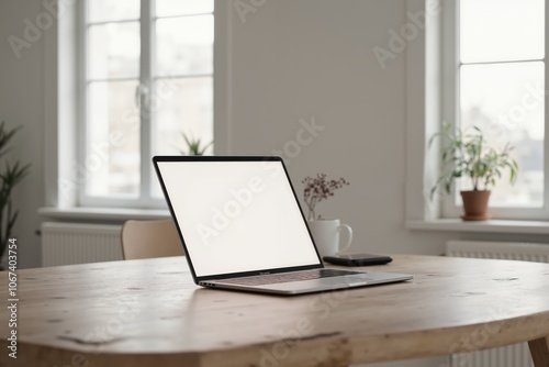 Wallpaper Mural Contemporary workspace interior with laptop on wooden desk in minimalist setting. Torontodigital.ca