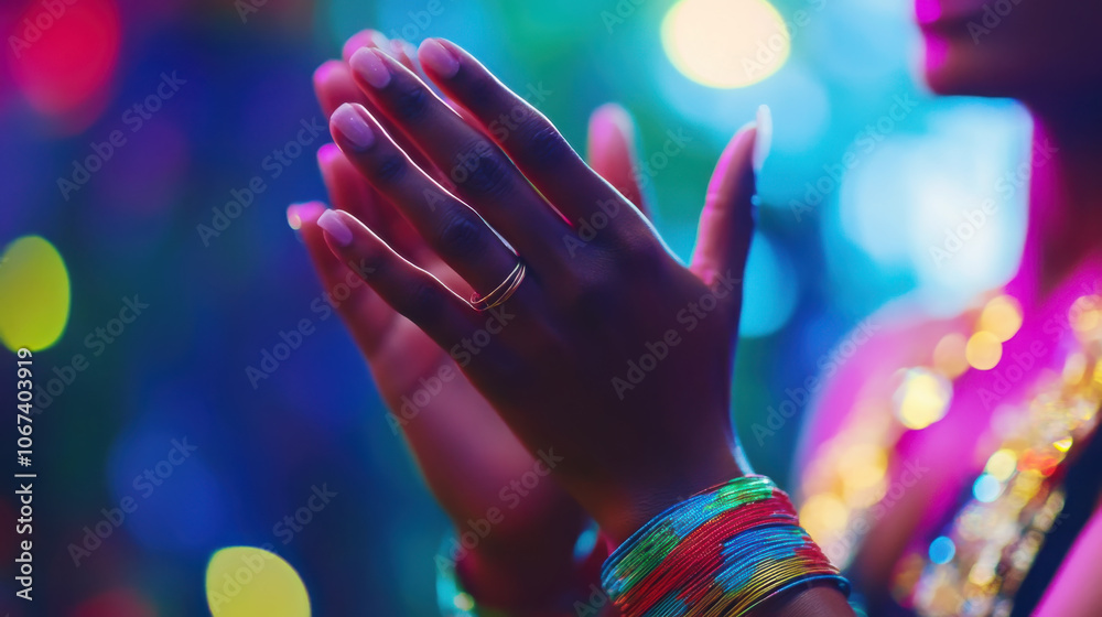 Vibrant close-up of dancer's hands clapping in rhythm with colorful bracelets Vibrant close-up of dancer's hands clapping in rhythm with colorful bracelets