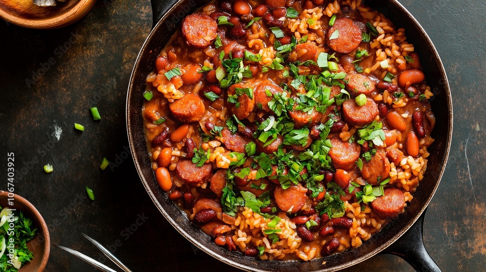 delicious rice with vegetables and sausages in a frying pan on a wooden background.