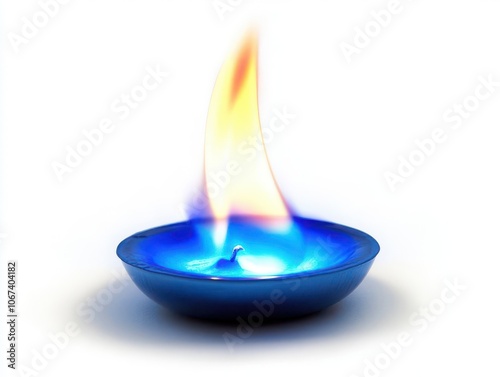 a stark blue flame flickering energetically against a pure white background, symbolizing intense energy and purity