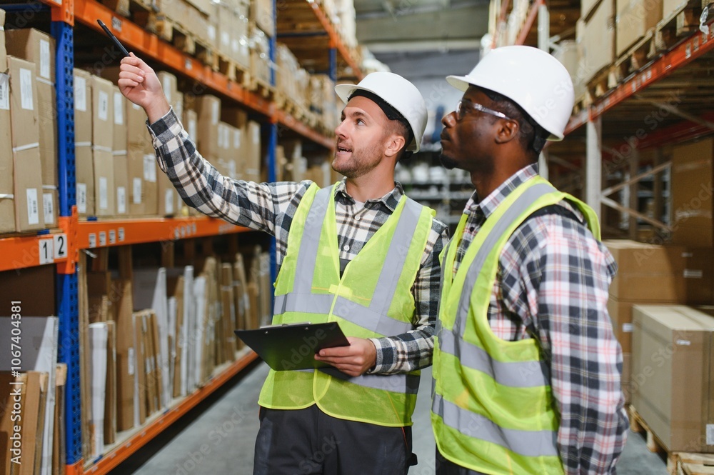 Two warehouse workers checking and controlling boxes in warehouse, Professional warehouse workers Two warehouse workers checking and controlling boxes in warehouse, Professional warehouse workers