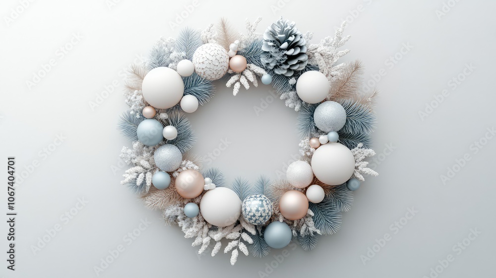 Elegant minimalist wreath with soft white and pastel-colored ornaments, arranged against a light gray background. Elegant minimalist wreath with soft white and pastel-colored ornaments, arranged against a light gray background.