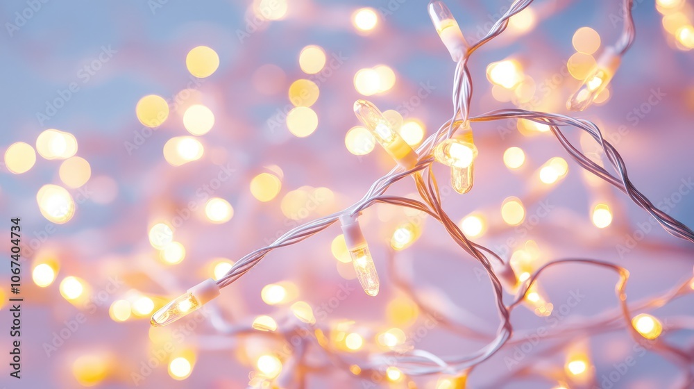 Faint, warm Christmas lights in pale yellow and soft pink hues, creating a cozy glow against a blurred background.
