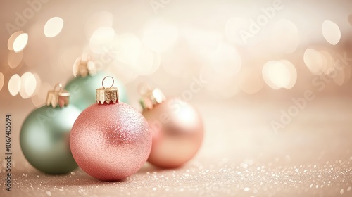 Soft pink and mint Christmas ornaments against a warm beige background, with subtle glitter accents for a gentle holiday vibe.